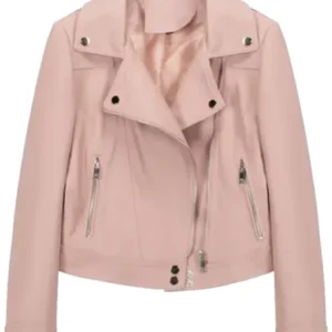Classic Pink Crop Leather Jacket For Bikers Stand Collar
