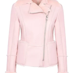 Classic Vintage Moto Lapel Style Collar Pink Leather Fur Jacket