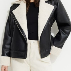 Shearling Black Leather Lapel Collar Jacket