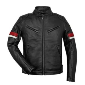 Men’s Black Leather Red and White Striped Cafe Racer Jacket
