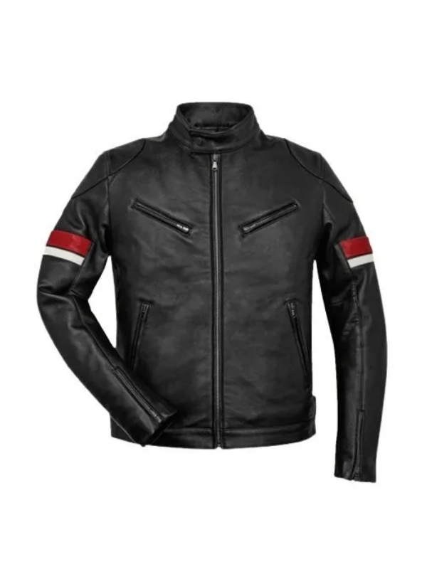 Men’s Black Leather Red and White Striped Cafe Racer Jacket