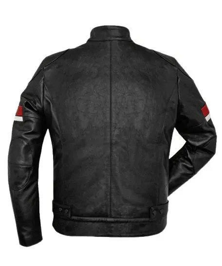Men’s Black Leather Red and White Striped Cafe Racer Jacket - Image 2