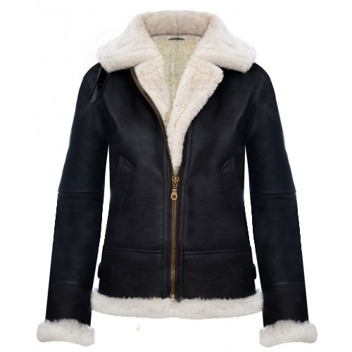 Women’s Winter B3 RAF Fur Faux Shearling Black Leather Jacket