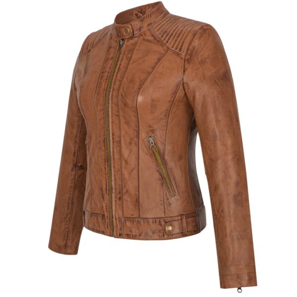 Womens Biker Leather Brown Jacket - Image 2