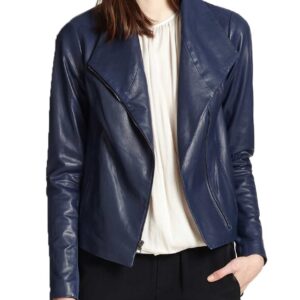 Women's Asymmetrical Blue Leather Scuba Jacket